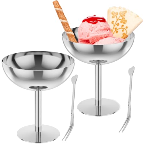 2Pcs Stainless Steel Sundae Bowls with Dessert Forks High Footed Pudding Cup Multipurpose Silver Dessert Cup Round Stainless Steel Ice Cream Bowl for DIY Parfait Banana Pudding (2, with Fork)