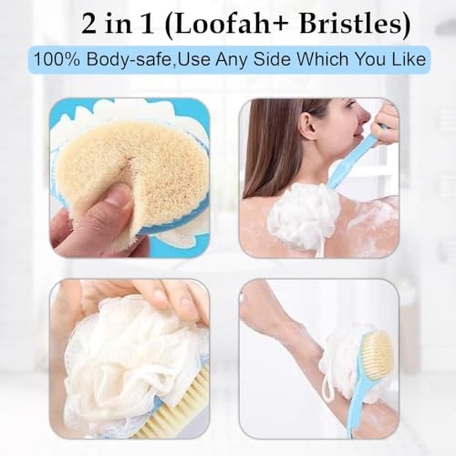 Image of 2 in 1 Back Body Bath Brush With Bristles and Loofah, Long Handle Back Scrubber for Bathing, Skin Exfoliating, Shower Cleaning and Daily Body Care