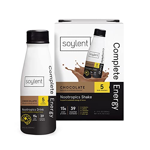 Soylent Complete Energy, 15g complete protein, 15 brain boosting nutrients, 100mg caffiene + l-theanine, 15% vitamins and minerals, 11 Oz (4 Pack)