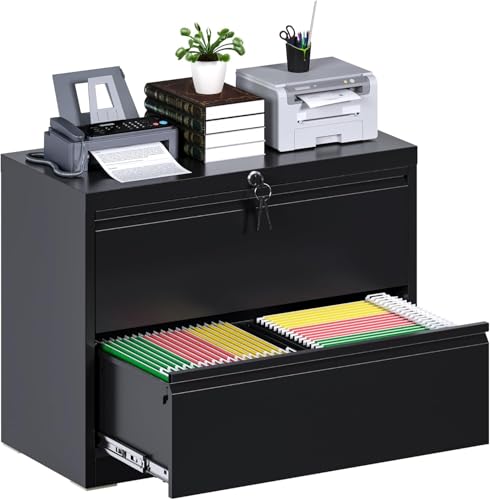 Reemoon 2 Drawer Lateral File Cabinet,Metal Filing Cabinet with Lock,Wide File Cabinet for Home Office School Hanging Files Letter/Legal/F4/A4 Size,Black,Required-Assembly