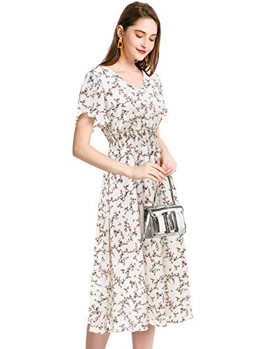 White Floral Dress for Women Modest Wedding Guest Tea Length Flutter Sleeve Dress Aline Sundress Teen Frocks Knee Length Dress White Small Flower M