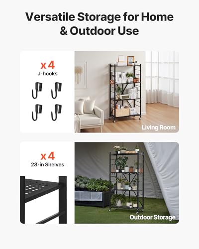 Image of VEVOR 4-Tier Foldable Storage Shelf, 28W x 13D x 54H Inch Folding Metal Rack Shelving Unit, No Assembly Organizer Shelf with 5 Wheels & 4 Hooks for Pantry, Kitchen, Garage, Basement, Black