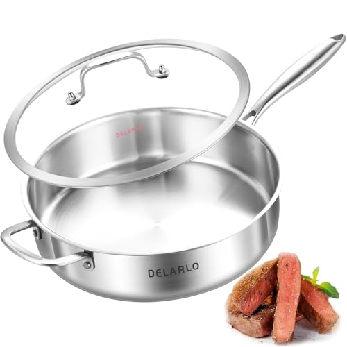 DELARLO Tri-Ply Stainless Steel 7QT Jumbo Cooker Saute Pan With Lid