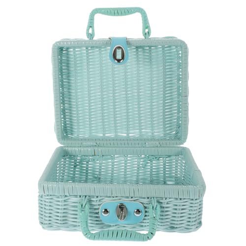 Luxshiny Retro Plastic Wicker Suitcase, Vintage Rattan Suitcase Box with Handle Woven Storage Basket Leather Strap Lock Wicker Picnic Basket Wedding Photo Prop Blue