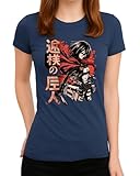 Attack on Titan Motiv - Eren, Mikasa, Armin & epische Titanen-Kelempfen für Fans von Shingeki no Kyojin Style XXVII Damen T-Shirt, azul marino, M