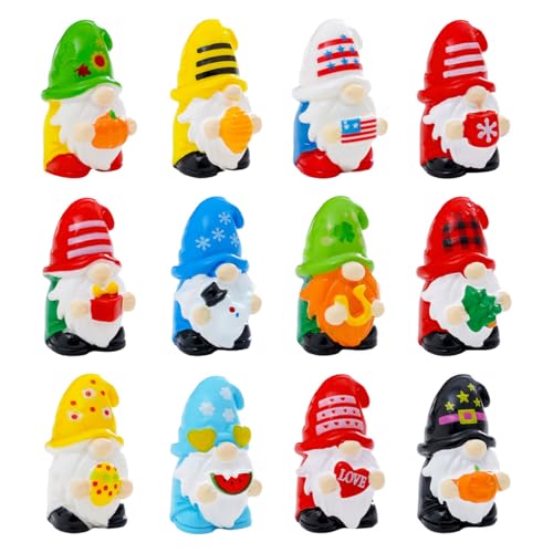 gndwhicape 12 Pieces Miniature Plastic Figurines Set Holiday Gnomes Collection Multi-Color Seasonal Decorative Statues for Fairy Garden Terrarium Plant Pots Micro Landscape Decor