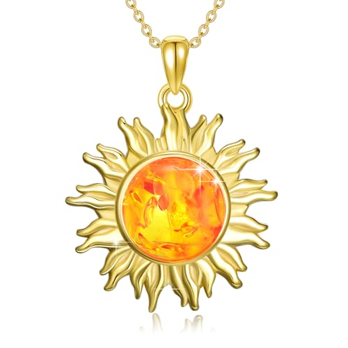 YEESIA Sonnenkette für Damen, 925er Sterlingsilber, Sonnenanhänger, Halskette mit Bernsteinstein, Sonnenschmuck, Geschenk für Frauen
