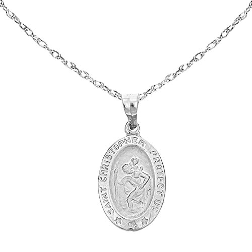 Ritastephens 14k White Gold Saint St. Christopher Oval Medal Pendant Charm Chain Necklace (18