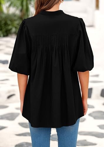 PRETTYGARDEN Women's 2025 Summer Short Lantern Sleeve Tops Loose Fit Button Down Shirt Pleated V Neck Blouses Trendy Clothes2