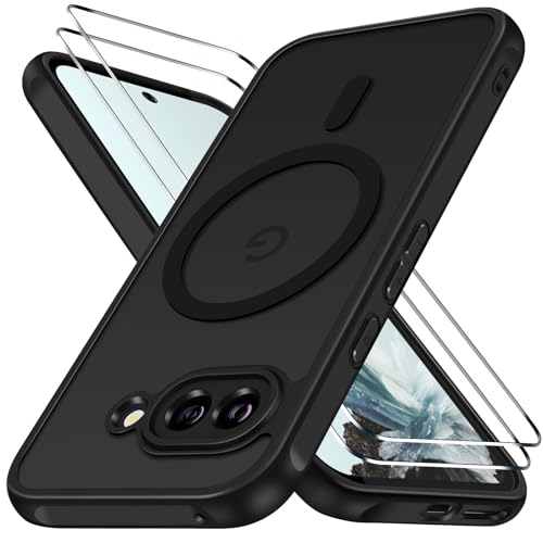 ivoler für Google Pixel 9a Hülle, 1 Magnetisch Handyhülle mit 2 Stück Panzer Schutz Glas, [Kompatibel mit MagSafe] [Militärnorm Sturzschutz] Stoßfest Schutzhülle Silikon Hülle Matt Schwarz