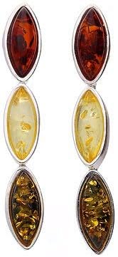 Mixed Amber Sterling Silver Earrings - Unusual Long Orange Yellow & Green Amber Fancy Dangly Drop, Orange,Green,Silver