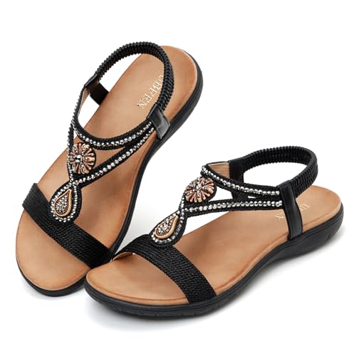 Image of UBFEN Womens Rhinestone Flat Sandals Comfortable Vacation Bohemian Style