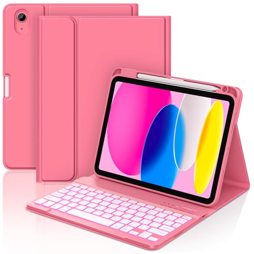 Image of COO 7 Color Backlit Keyboard Case for iPad 11th A16 /10th Gen | 7-Color Backlit Detachable Bluetooth Keyboard, Pencil Holder, Auto Wake /Sleep, 3 Angles, PU TPU Cover, Watermelon Red
