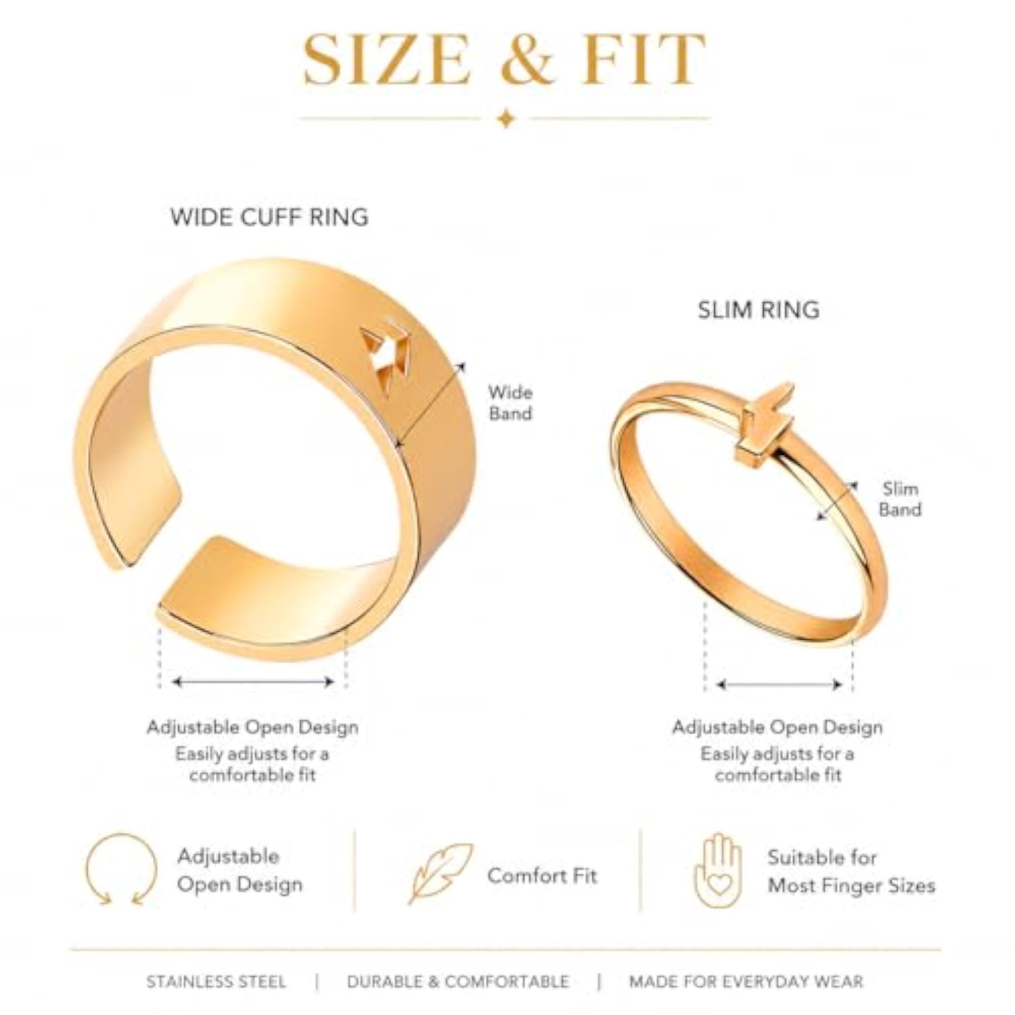 Trendy Gold Stainless Steel Couple Finger Adjustable Ring Set, Unisex