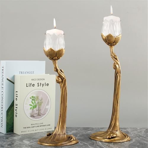 Portavelas decorativo de latón y cristal para decoración del hogar (pequeño)