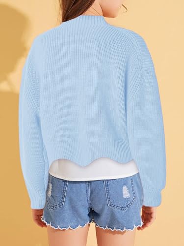 Image of Haloumoning Girls Mock Neck Sweaters Kids Fall Fashion Long Batwing Sleeve Rib Knit Pullover Clothes 5-14 Years Light Blue