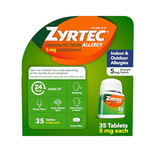 Zyrtec 24 Hour Allergy Relief Tablets, Indoor & Outdoor Allergy Medicine for Adults with 5 mg Cetirizine Hydrochloride, Relief of Runny Nose, Sneezing, Itchy Eyes, Plus Dust, Mold & Pet Dander, 35 ct