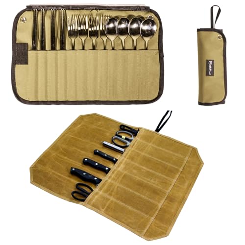 GCFTIFF 2pcs Camping Utensil Bag, Knife Roll Bag,Portable Knives Pouch,Canvas Roll Up Culinary Tableware Storage,Picnic Cutlery Organizer Bag,Cooking Utensils Hanging Bag,Travel Cutlery Pouch