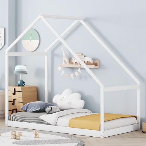 Merax Twin Bed Frames for Kids, Montessori Wooden House Shape with Proof, Sturdy Framework, Easy Assembly, No Noise