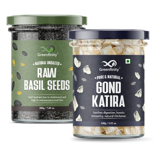 Image of Greenfinity Basil Seeds & Gond Kateera Combo | 200g Sabja Seeds + 100g Tragacanth Gum | Summer Body Coolant | Digestion & Weight Management | 100% Natural | FSSAI Certified