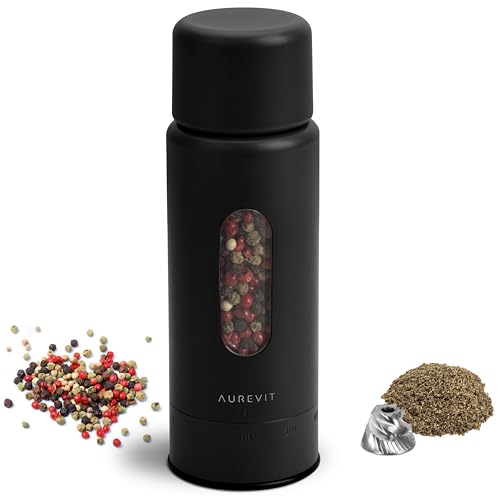 Aurevit Manuelle Pfeffermühle, Edelstahl-Mahlwerk, Extern einstellbarer Mahlgrad, Nachfüllbar, Hochwertig & langlebig (Black)