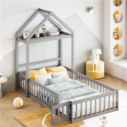 Cama Infantil 90x200 Con Protección Contra Caídas Cama De Suelo Madera Maciza Con Espacio Almacenamiento Cama Casita Rejilla Protectora Completa Y Puertas Somier Cama Juvenil Para Habitación gris