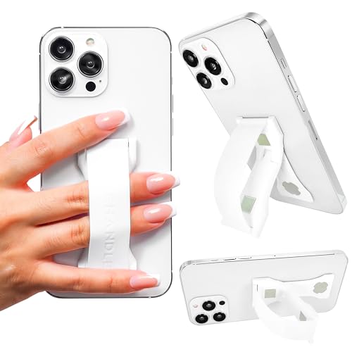 LOVEHANDLE PRO Premium Phone Grip - Silicone Phone Strap - Magnetic Phone Mount and Kickstand for Smartphone and Tablet - White Silicone on White Base