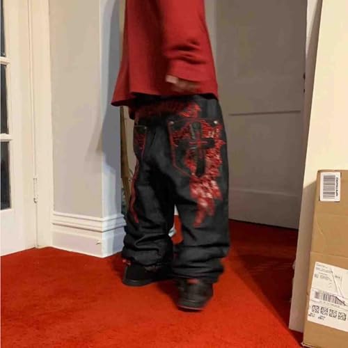 Men's Hip-hop Retro Skull Embroidered Washed Denim Pants Y2K Jeans Gothic Straight Tube Loose Wide Leg Pants3