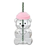 REEDQW New 20 ozCute Bear Sucker Cup with Lid Straw Glass, Glass Bear Cup, Bear Straw Cup, Coffee, Beer, Red Wine, Cocktail Beverages Glass Utensils, Friend Gift (pink-B)