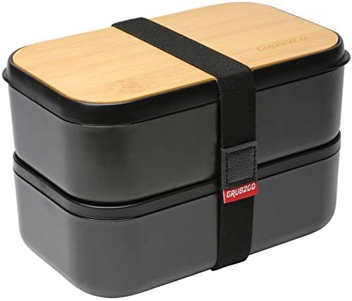 GRUB2GO Premium Bento Lunch Box (Large 68 Oz Capacity) | 2023 Exclusive, 70% Bigger | Includes Bamboo Chopping Board Lid, Carry Bag, 2 Dividers, Utensils, Sauce Container