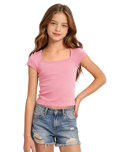 Image of Crop Tops for Girls Short Sleeve Shirt Girls Summer Tops Square Neck Slim Fit Tops Basic Tee
