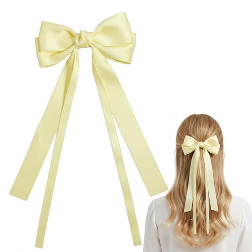 Elegant Light Yellow Long Ribbon Bow Hair Clip for Women and Girls Soft Smooth Fabric Big Bow Barrette Lightweight Comfortable for Daily Wear Weddings Parties School Events (Yellow)