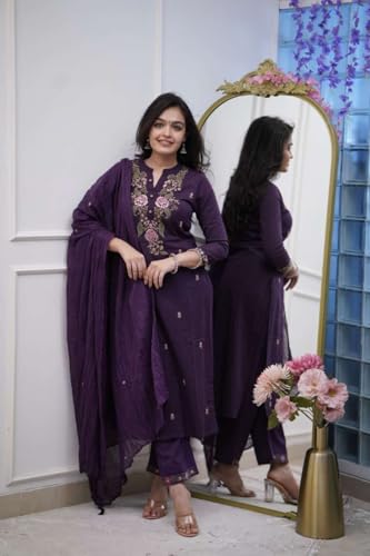 Image of Women's Cotton Embroidery work Straight kurti with Pant & mulmul dupatta set