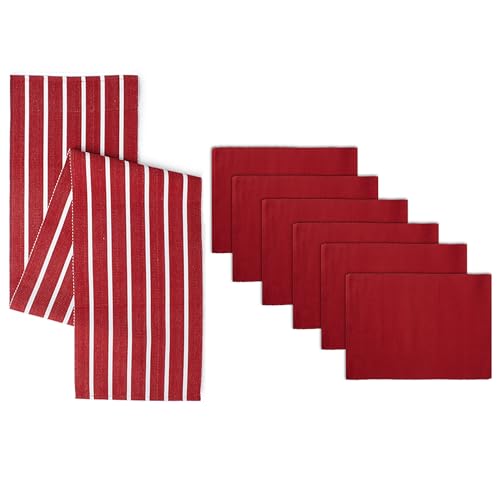 Encasa XO Table Runner and Placemats Set 4 | Fine Ribbed Cotton | Roma Red | 1 Table Runner Size 32x150 cm & Each Table Mat Size 48x32 cm