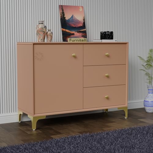 Image of Wooden Sideboard Cabinet for Living Room | Side Board Crockery Cabinet with 1 Door & 3 Drawers Storage for Dining, Drawing and Home Office | HDMR Premium Wood & Iron, Taupe