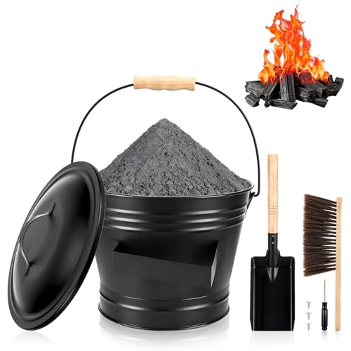 Cubo Tapa, 6l Cubo Cenizas Con Tapa, Accesorio Chimenea Con Pala, Escoba, Cubo De Cenizas De Metal Para Chimeneas, Estufas De Leña, Carbón Y Ceniza