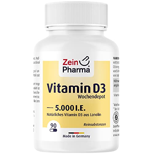 ZeinPharma Vitamin D3 5000 I.E. Kapseln hochdosiert- Vit D3, 2 Jahresvorrat Depot 90 Stück, natürliches Nahrungsergänzungsmittel ohne Zusatzstoffe, Reinsubstanz