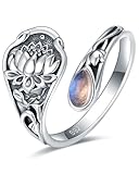 EJALEN S925-Sterling-Silver Abalone Dragonfly-Turquoise Spoon Ring - Vintage Boho Sunflower Thumb Oxidized Wrap Rings Victorian Style Antique Floral Jewelry Gifts for Women (Lotus Moonstone Ring)
