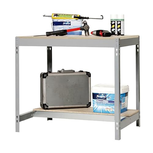 Simon Rack Banco da lavoro per officina, capacità di carico 600 kg, 842x1210x610 mm, tavolo da lavoro fai da te, Grigio/Legno - BT0