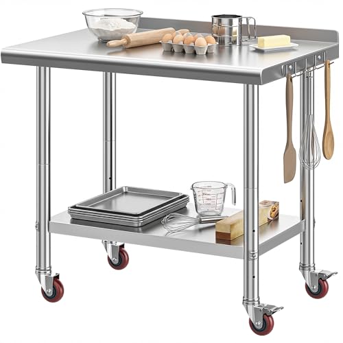 Image of DWVO 36x24in Stainless Steel Table Backsplash & Wheels | NSF Metal Prep Worktable for Kitchen Restaurant Hotel Garage Warehouse Home Commercial