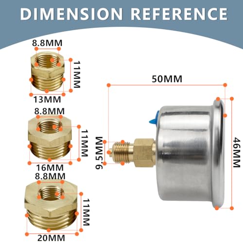Innfeeltech 1-Pcs 40mm Manometer BSP 1/8 0-7 Bar 0~100 Psi mit 3-Stück Buchse 1/8 bis 1/4, 1/8 bis 3/8 und 1/8 bis 1/2 und einem Teflonband, axial