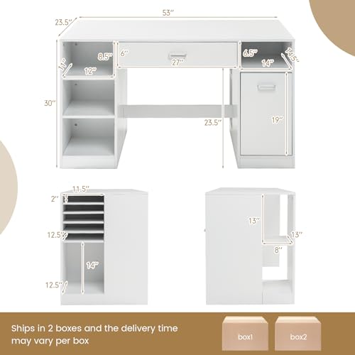 COSTWAY 53” Artwork Sewing Craft Table, Sewing Machine Cabinet w/Drawers & Open Storage Shelves, Modern Computer Desk Workstation, Multipurpose Counter Height Sewing Station for Home Office, White - Thumbnail 3
