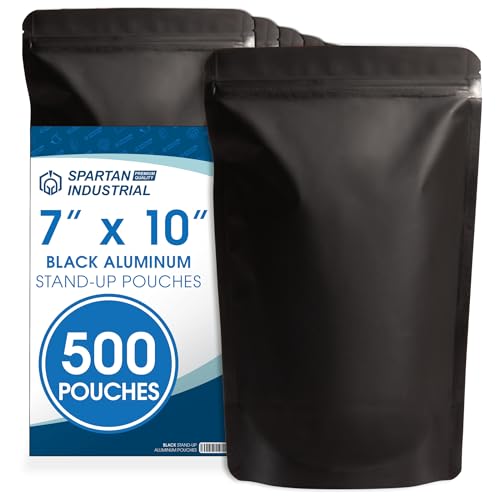 Spartan Industrial 7' X 10' Matte Black Stand-Up Pouches - 500 Count Smell-Proof Mylar Bags for Food Storage With Heat Sealable Opening and Resealable Zipper