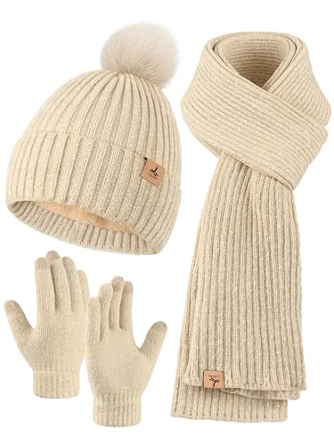 Winter warm hat scarf and gloves set, knitted pom beanie, neck warmer