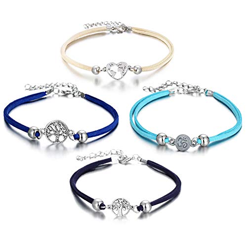 LAIMIO 4 Pcs Anklets Bracelet-Women Anklet Boho Beads Antique Silver Life Tree Foot Chain Beach Jewelry