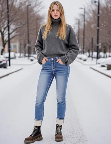Fengbay Damen Fleece Gefüttert Jeans Winter Thermo Stretch High Waisted Skinny Casual Warm Po-Lift Denim Jeanshosen