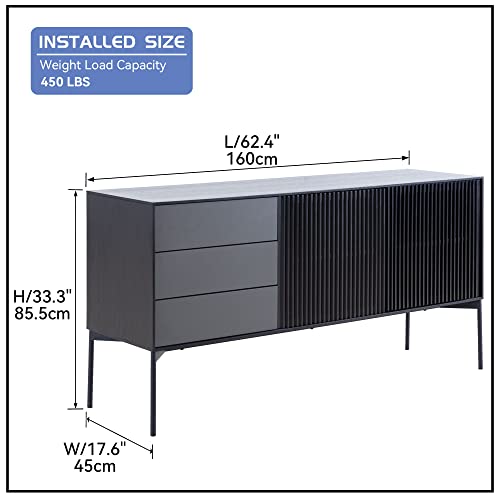 Lyuhome Black Wood Cabinet Modern Sideboard Buffet Cabinet With Drawers And Louvered Doors For Kitchen/Farmhouse/Dining Room/Living Room (Black & Grey #TOP1