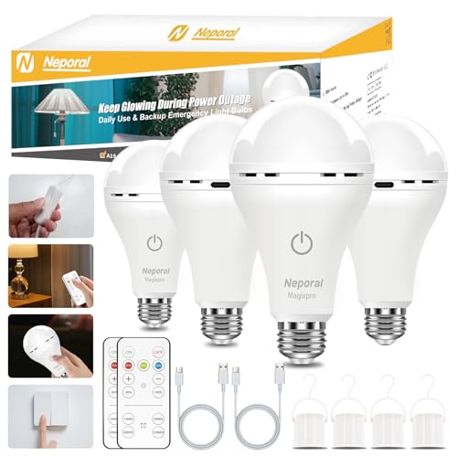 MagixPro Remote Rechargeable Light Bulbs USB & Socket Charging 1800mAh Battery Dimmable LED Bulb for Hardwired & Non-wired Lamps Sconces Touch + Remote Control Wall Switch Compatible 4PK