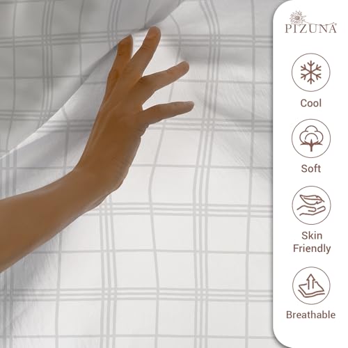 Image of Pizuna 100% Cotton Bedsheet Super King Size with 2 Pillow Covers, 300 Thread Count Long Staple Cotton, Checks Pattern Flat Bed Sheet 108X108 Inch for Superking Bed, White