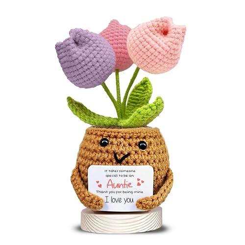Handmade Crochet Flower Pot Plush with Auntie Message Cute Crochet Tulip Gift Aunt Appreciation Gift Thank You Aunt Present Handmade Desk Decor